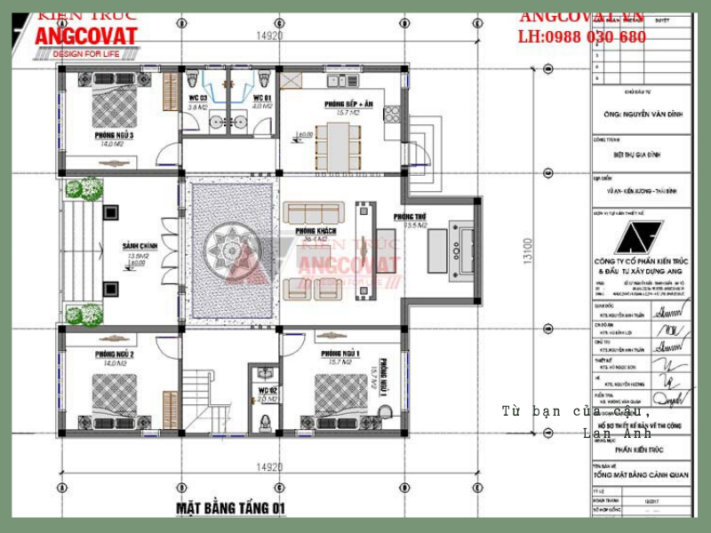 Mặt bằng tầng 1 nhà 1 tầng chữ u 160m2