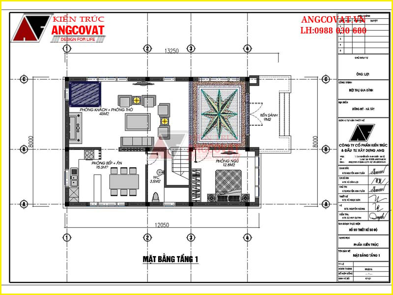 Mặt bằng tầng 1 nhà 2.5 tầng giả 3 tầng mặt tiền 8m