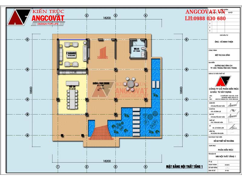 Mặt bằng tầng 1 nhà vuông 2 tầng