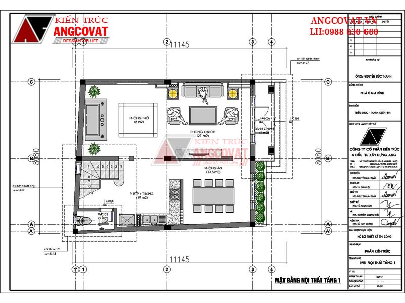 Phương án bố trí mặt bằng nhà 3 tầng có gác lửng diện tích 70m2 tầng 1 có: phòng thờ (8m2), phòng khách (27m2), sảnh chính (4m2), WC 1 (2m2), phòng bếp và cầu thang (19m2), phòng ăn (13,5m)