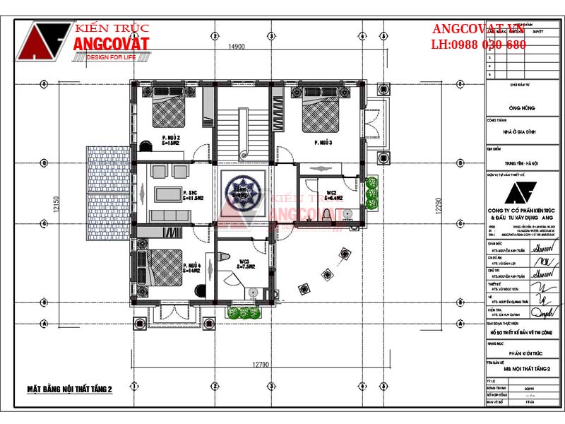 Thiết kế mặt bằng nội thất tầng 2 của thiết kế nhà ở mái bằng chữ L đẹp mái ngói