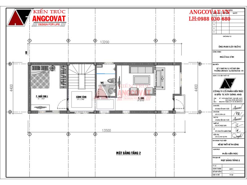 Bố trí công năng sử dụng tầng 2: 1 phòng SHC 20m2, 1WC 4.5m2, Sảnh tầng 4.3m2, Phòng ngủ con 12m2.