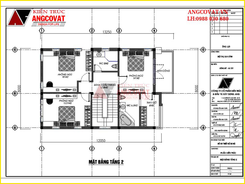 Mặt bằng tầng 2 mẫu thiết kế nhà 2.5 tầng mặt tiền 8m
