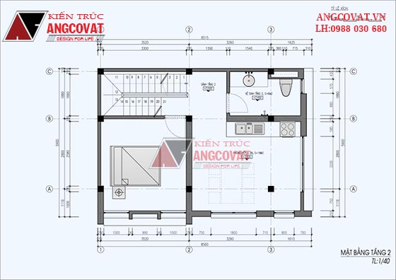 Phương án bố trí mặt bằng nhà 3 tầng có gác lửng diện tích 40m2 tại tầng 2