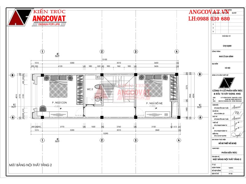 Bố trí mặt bằng tầng 2 nhà 3 tầng có gác lửng gồm: Phòng ngủ bố mẹ 14.4m2, Phòng ngủ con 16.4m2, WC 4m2