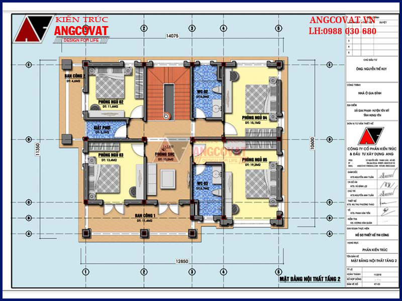 Mặt bằng tầng 2 thiết kế nhà đẹp 2 tầng 135m2 5 phòng ngủ