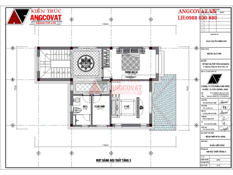 Mặt bằng công năng sử dụng tầng 3: Sảnh tần 7m2, Phòng ngủ 3: 13.6m2, Phòng thờ: 13.5m2, Phòng giặt phơi: 4.5m2, WC4: 4.5m2