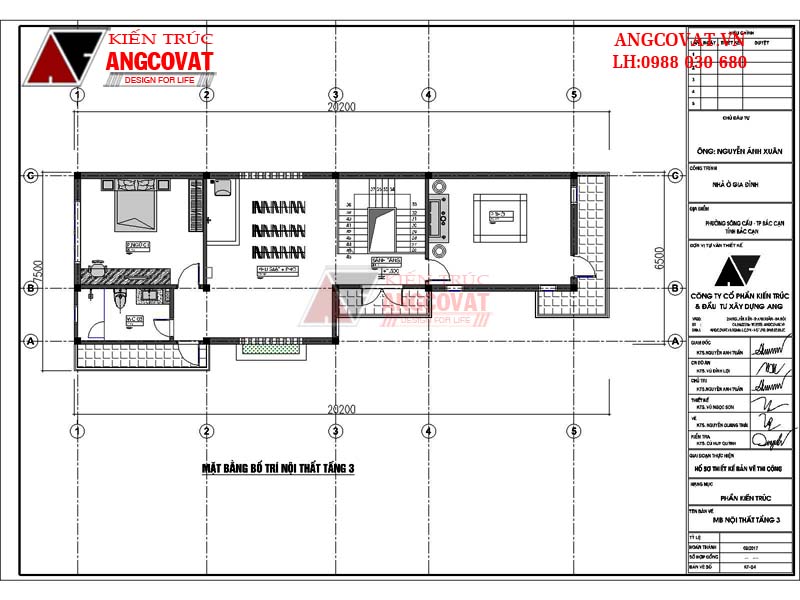 Mặt bằng công năng sử dụng tầng 3: phòng ngủ 4 (20m2), sảnh tầng (2m2), phòng thờ (23m2),  WC 3( 7m2),  khu giặt + phơi ( 30m2)