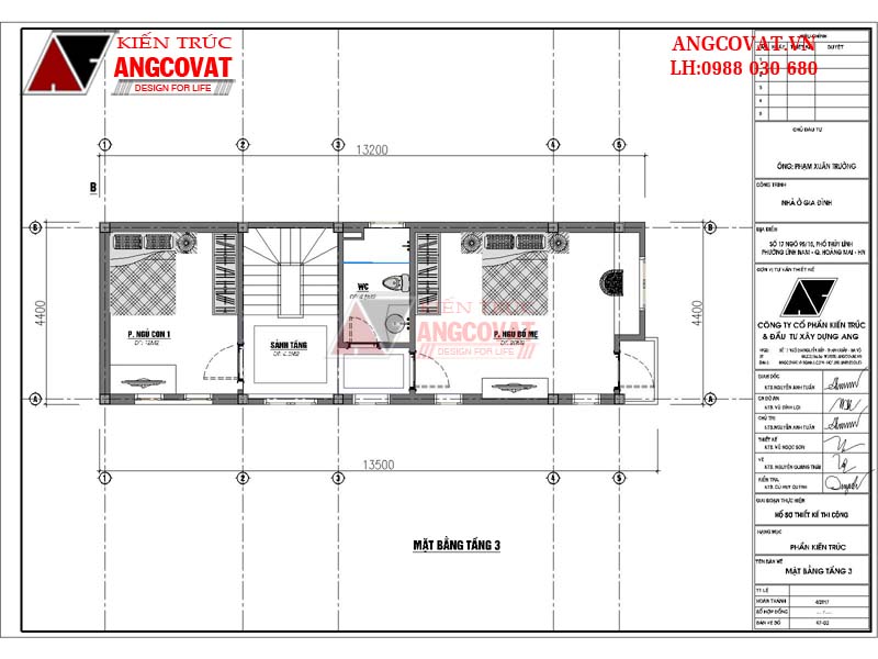Công năng sử dụng tầng 3: Phòng ngủ bố mẹ 20m2, WC2 4.5m2, Sảnh tầng 4.3m2, Phòng ngủ con 12m2 hợp lý của thiết kế nhà