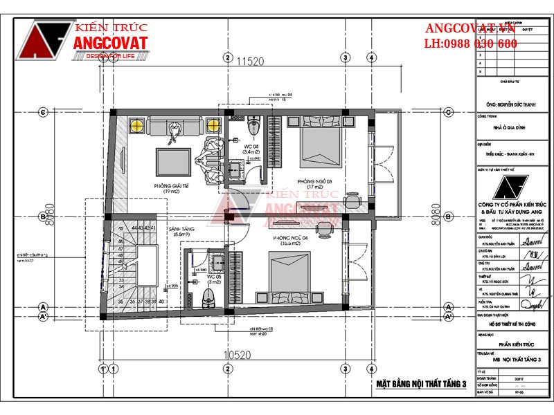 Mặt bằng công năng sử dụng tầng 3 gồm: phòng giải trí (19m2), sảnh tầng (6,6m2), WC 4(3,4m2), WC 5(3m2), phòng ngủ 3 (17m2), phòng ngủ 4(15,5m2)