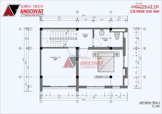 Phương án bố trí mặt bằng nhà 3 tầng có gác lửng diện tích 40m2 tại tầng 3