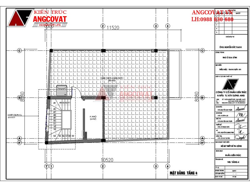 Phương án bố trí mặt bằng tầng 4 trong nhà 3 tầng có gác lửng gồm: sân kho (5m2), sân chơi + sân phơi (60m2)