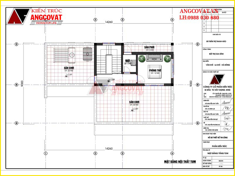 Mặt bằng tầng tum mẫu nhà 2 tầng giả 3 tầng đẹp 15x9m