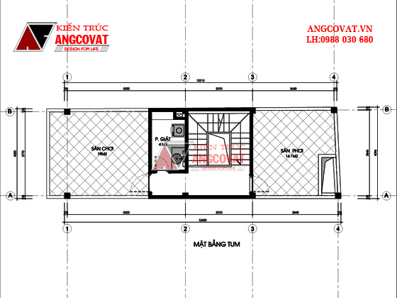 Thiết kế tầng tum bao gồm: Giặt + sân chơi + sân phơi - Diện tích tầng 4: 50m2