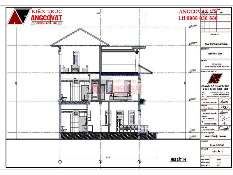 Mặt cắt 1-1 mẫu biệt thự 150m2 phong cách châu Âu