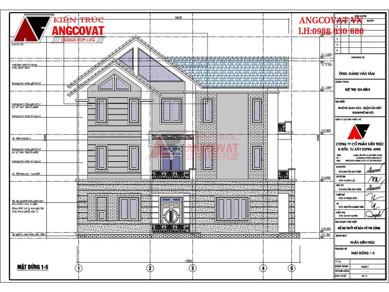 mặt đứng 1-5 mẫu nhà phố 3 tầng 8x15m
