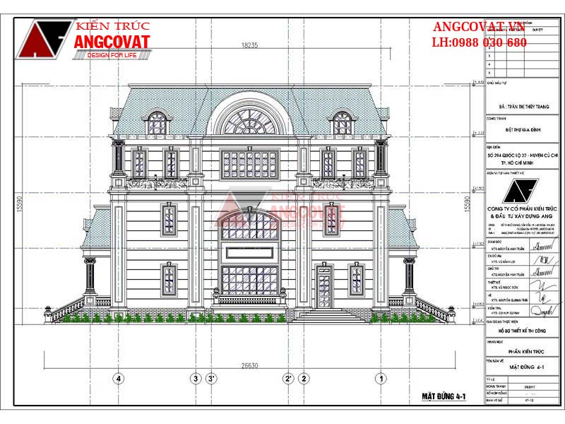 Bản vẽ mặt đứng 4-1 mẫu thiết kế biệt thự 3 tầng tân cổ điển