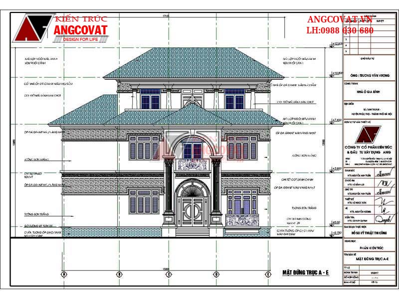 Mặt đứng trục A-E của mẫu biệt thự 150m2 đẹp lung linh