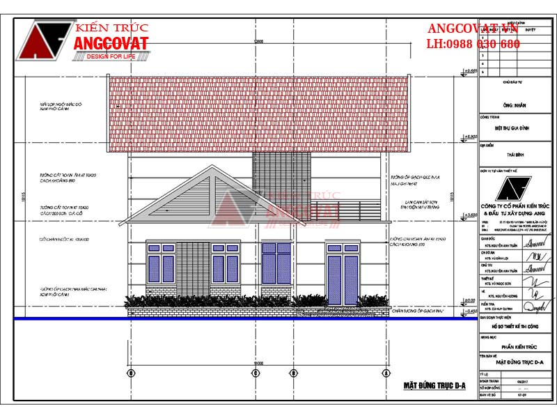 Mặt đứng D-A thiết kế nhà mặt tiền 13m 1 tầng 100m2 mái thái