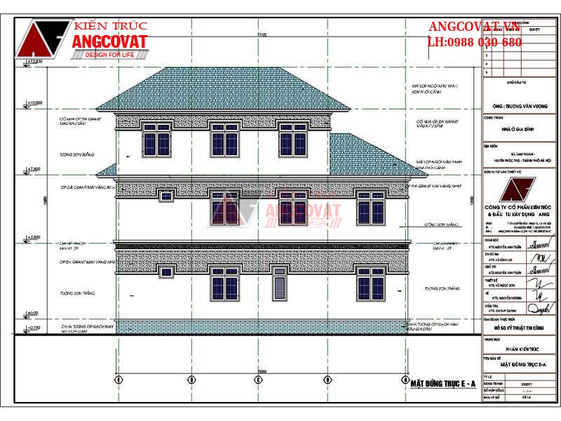 Hình vẽ mặt đứng trục E-A cho bản thiết kế mẫu biệt thự 150m2