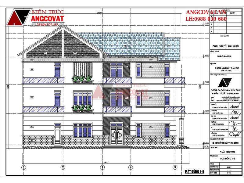 mặt đứng 1-15 xây nhà 3 tầng trên mảnh đất hính thang