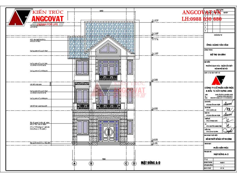 Mặt đứng A-D mẫu nhà phố 3 tầng 8x15m