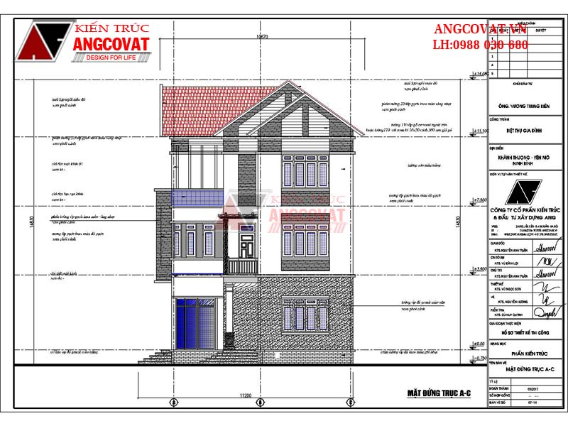 Mặt đứng A-C mẫu nhà chữ L 3 tầng đẹp