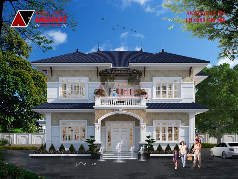 Mặt tiền cân đối sang trọng của mẫu biệt thự mini 2 tầng kiểu pháp tân cổ