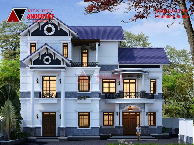 Mẫu nhà kiểu Pháp 2 tầng 1 tum với hình ảnh mặt tiền hoành tráng