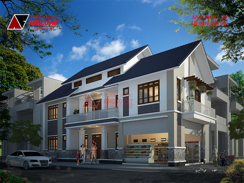 thiết kế mặt tiền nhà kinh doanh 2 tầng