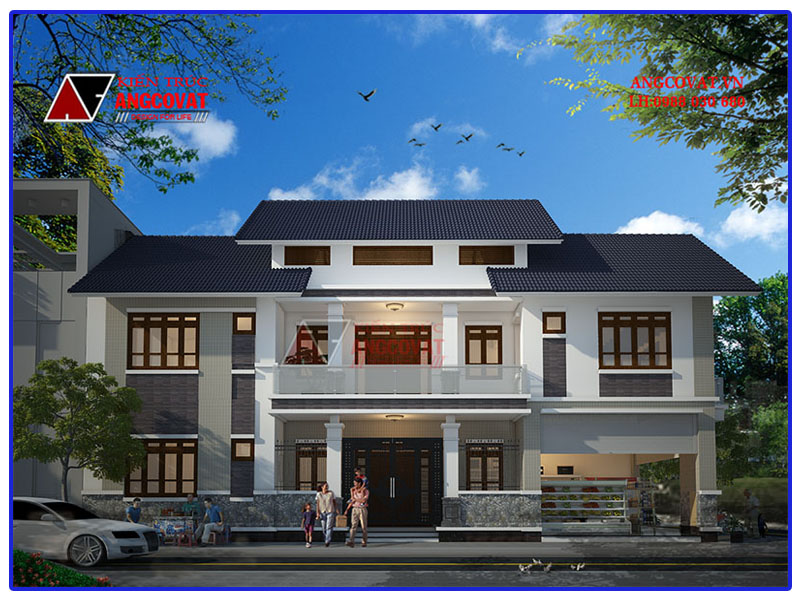 mẫu mặt tiền nhà 2 tầng mái lệch độc đáo