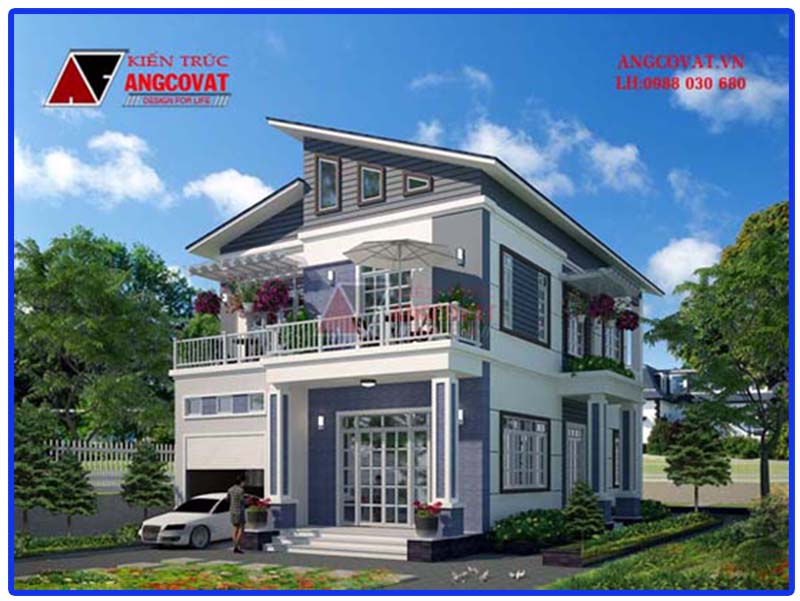 mặt tiền nhà 2 tầng mái lệch với tiền sảnh thoáng