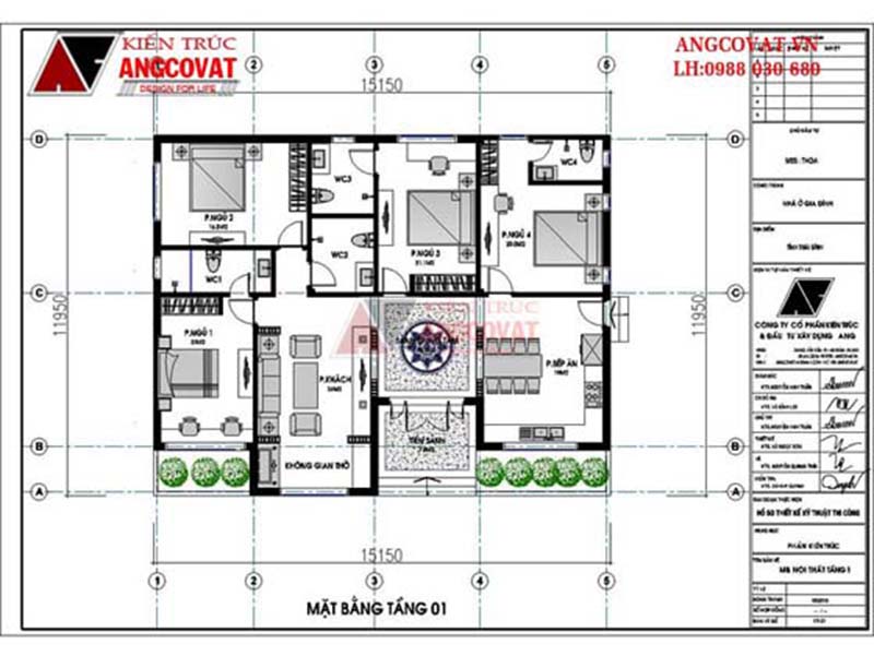 Bản vẽ nhà vườn 1 tầng 4 phòng ngủ sang trọng