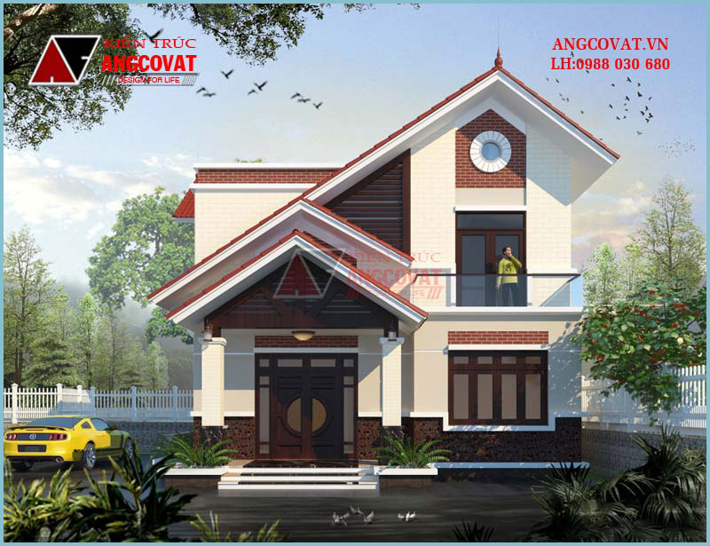 phối cảnh bản vẽ nhà vuông 2 tầng 3 phòng ngủ 10x10m