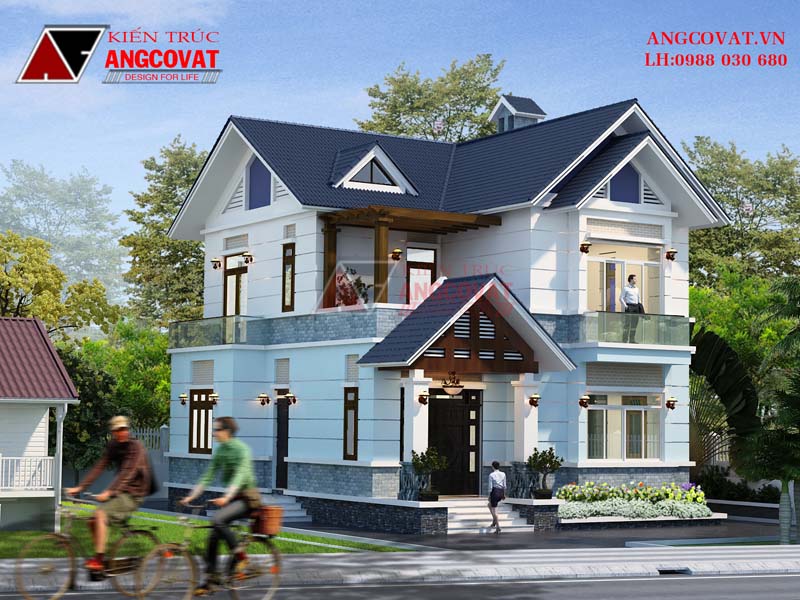 Hình ảnh mẫu nhà 1 trệt 1 lầu đơn giản kiến trúc đăng đối nhẹ nhàng, cuốn hút