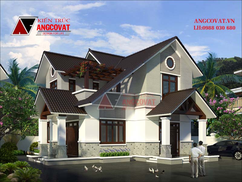 Toàn cảnh thiết kế mẫu nhà 1 trệt 1 lầu mái thái diện tích 130m2 tọa lạc tại một vùng đất của Tây Bắc