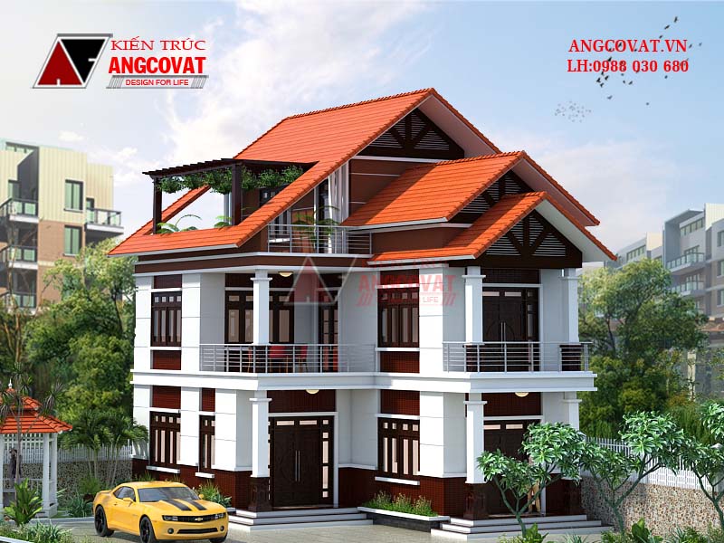 Mẫu nhà 2 tầng có sân thượng mái thái đẹp
