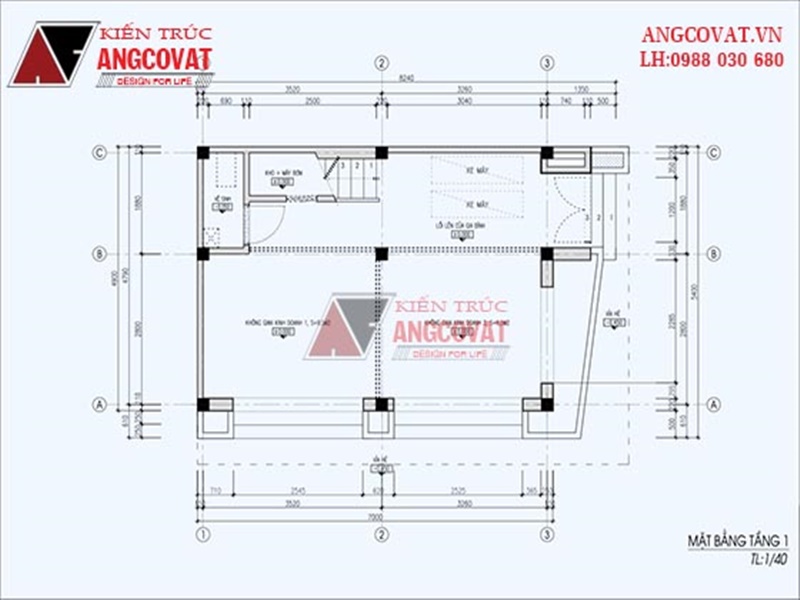 Mặt bằng công năng tầng 1 của mẫu nhà phố mặt tiền 5m 3 tầng