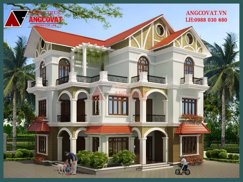 Mẫu nhà 3 tầng mái thái 2 mặt tiền 150m2