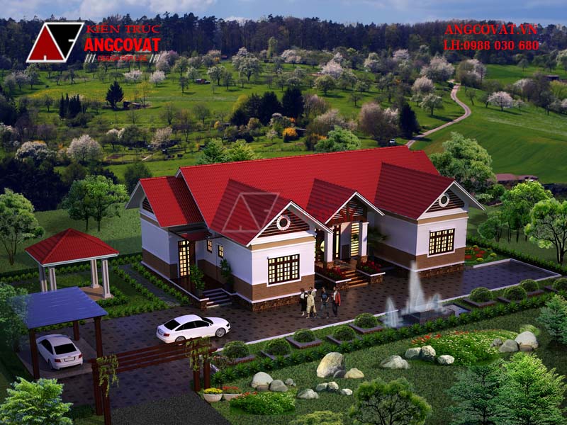 Phối cảnh 4: Mẫu thiết kế nhà đẹp 1 tầng 200m2 chữ U mái thái