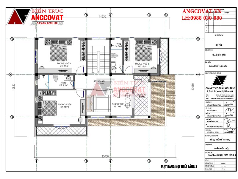 Mẫu nhà biệt thự 11x12m 2 tầng 3 phòng ngủ mái thái đẹp diện tích 120m2 - Mặt bằng tầng 2