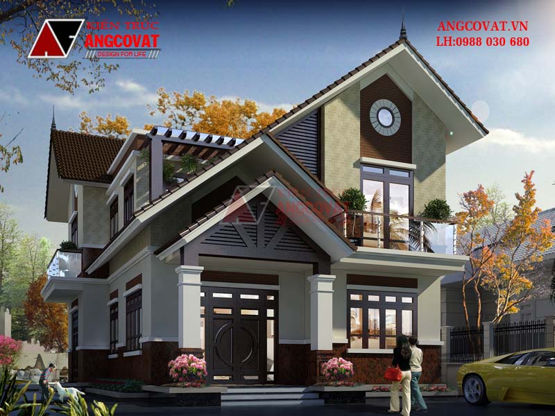 Phối cảnh view 2: Mẫu nhà biệt thự 11x12m 2 tầng 3 phòng ngủ mái thái đẹp