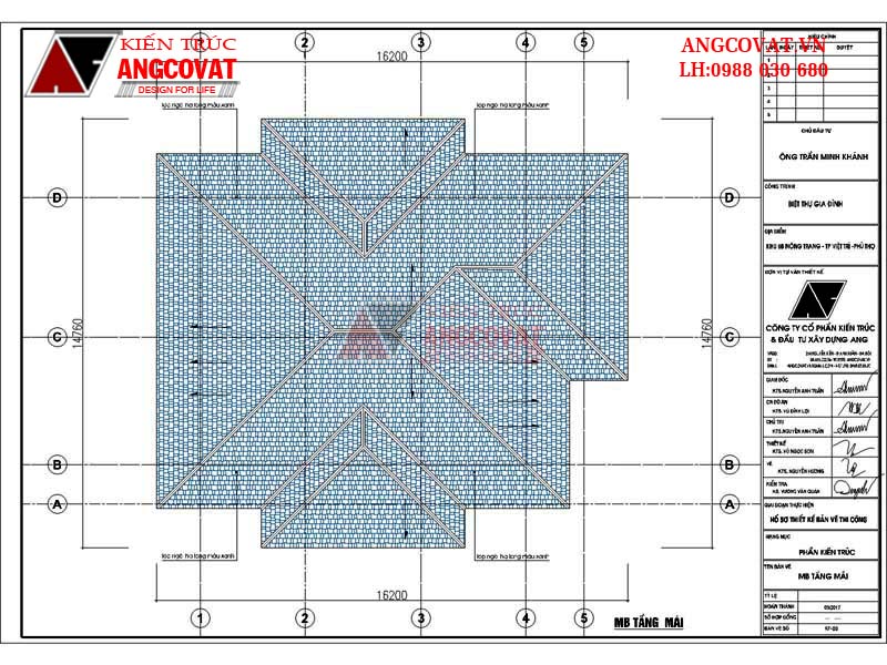 Mẫu nhà biệt thự mặt tiền 12m 1 tầng 3 phòng ngủ 130m2 - Mặt bằng mái
