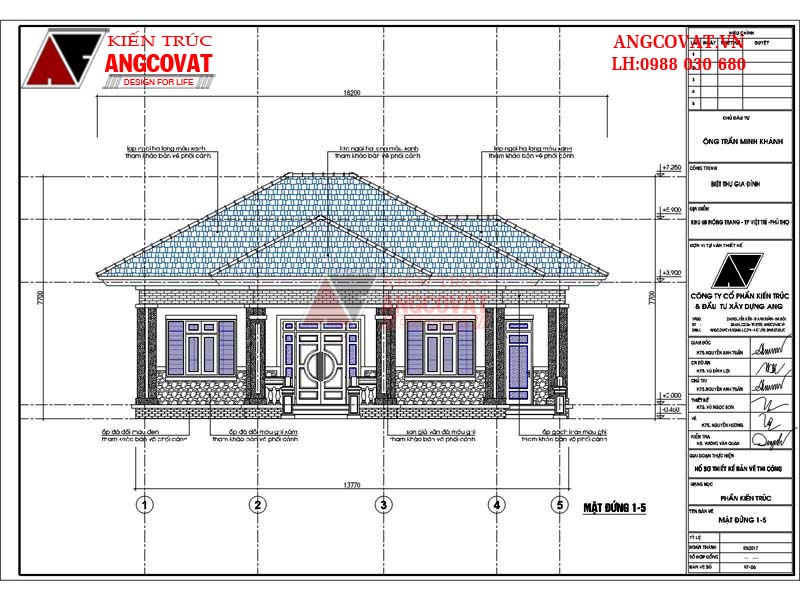 Mẫu nhà biệt thự mặt tiền 12m 1 tầng 3 phòng ngủ 130m2 - Mặt đứng 1-5
