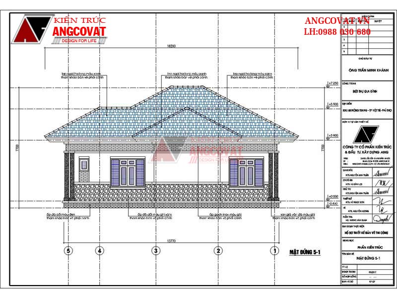 Mẫu nhà biệt thự mặt tiền 12m 1 tầng 3 phòng ngủ 130m2 - Mặt đứng 5-1