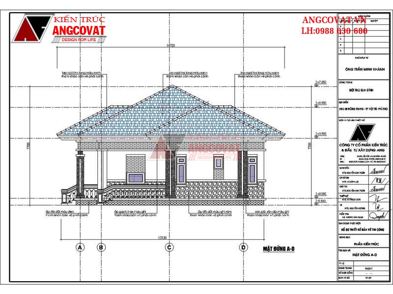 Mẫu nhà biệt thự mặt tiền 12m 1 tầng 3 phòng ngủ 130m2 - Mặt đứng A-D