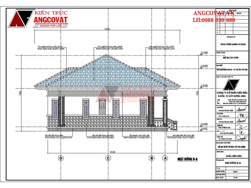 Mẫu nhà biệt thự mặt tiền 12m 1 tầng 3 phòng ngủ 130m2 - Mặt đứng D-A