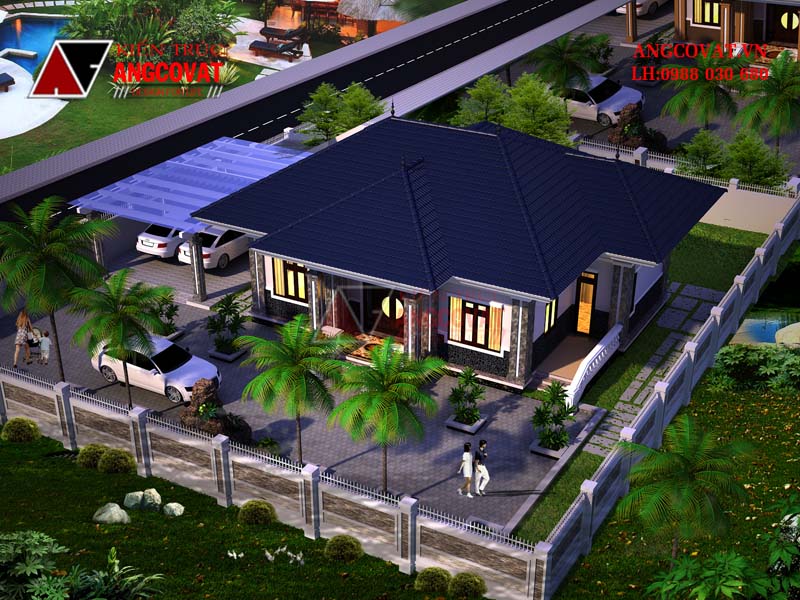 Phối cảnh 3: Mẫu thiết kế nhà biệt thự mặt tiền 12m 1 tầng 3 phòng ngủ 130m2