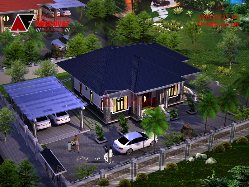 Phối cảnh 4: Mẫu thiết kế nhà biệt thự mặt tiền 12m 1 tầng 3 phòng ngủ trên đất hình vuông