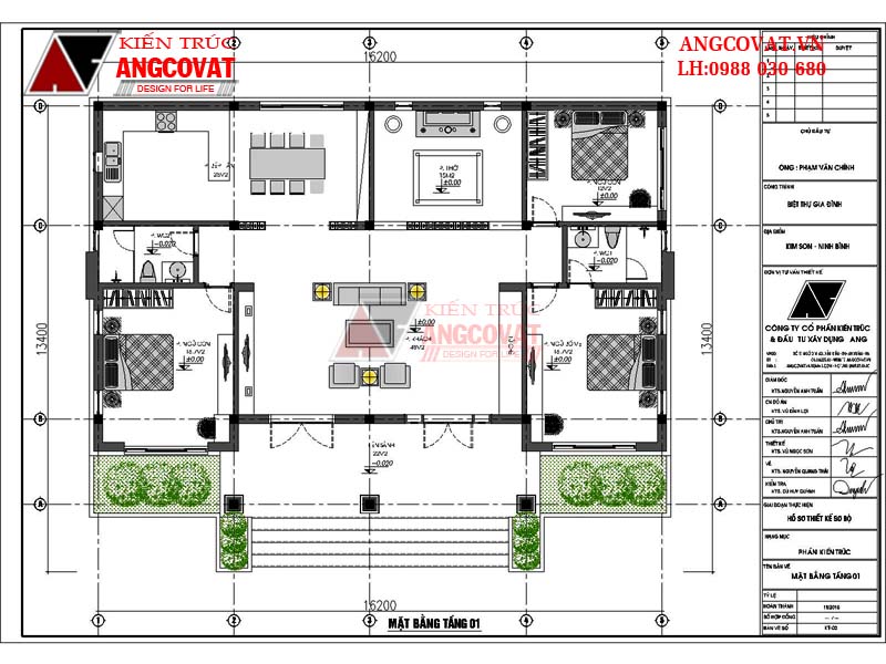 Mặt bằng: Thiết kế mẫu nhà cấp 4 3 phòng ngủ 1 phòng thờ đẹp mái lệch sang trọng